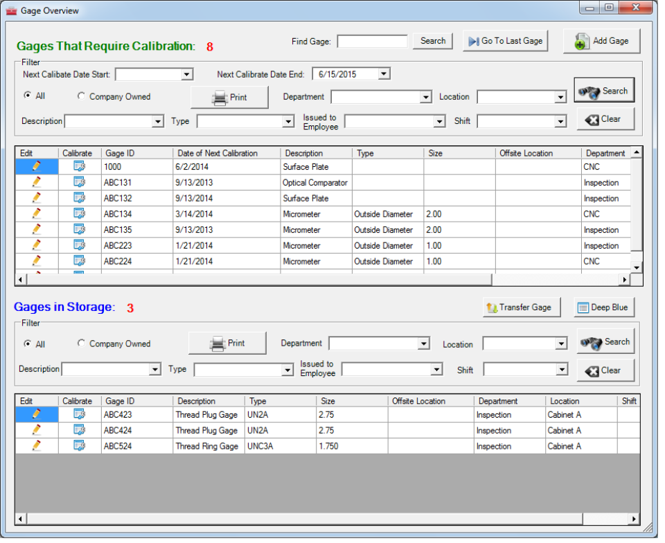 screenshot of Gage Control Software